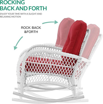 VIVIJASON 3-Piece Outdoor Conversation Bistro Set, Patio Wicker Rocking Chairs Rattan Furniture Sets w/ 2 Rattan Chairs, Cushions, Glass Top Side Table for Garden Porch Backyard (White Wicker/Red)