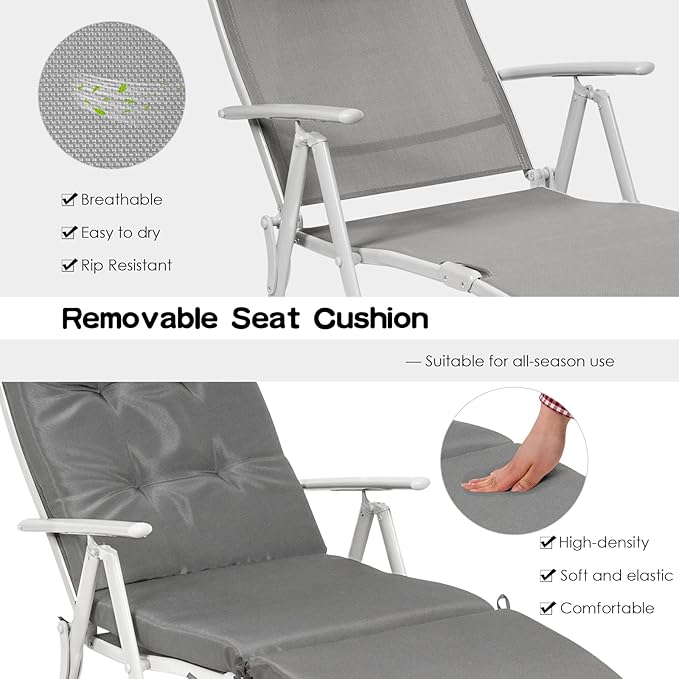 Giantex Chaise Lounge Chair for Outside, Pool Folding Reclining Beach Chair W/Removable Cushion&Headrest Pillow, Outdoor Lounge Chaise w/ 7 Backrest Positions, Portable Patio Lounger (1, Grey)