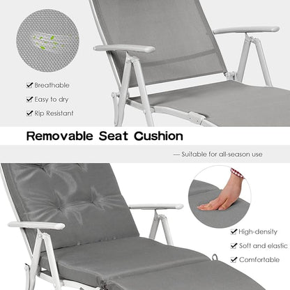 Giantex Chaise Lounge Chair for Outside, Pool Folding Reclining Beach Chair W/Removable Cushion&Headrest Pillow, Outdoor Lounge Chaise w/ 7 Backrest Positions, Portable Patio Lounger (1, Grey)
