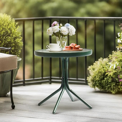 VINGLI Outdoor Side Table, 18" Patio Table Steel Frame Tempered Glass Top, Weatherproof Small Tables for Balcony Garden Poolside (Green, Round)