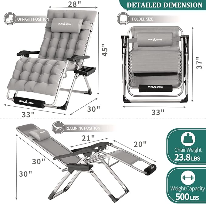 UDPATIO Zero Gravity Chair Oversized Outdoor Anti Gravity Chairs Patio Lounge Folding Adjustable Chair with Cup Holder, Foot Pad & Padded Headrest, Supports 500lbs (1, Light Gray, 33in)