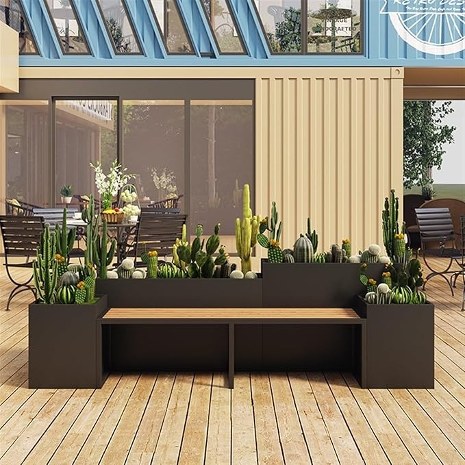 Outdoor Park Planter Bench Outdoor Patio Flower Box Seating Set Large Metal Black Garden Bench with Raised Planter Bench for Park, Yard, Porch, Lawn, Balcony, Backyard Park Flower Box Bench(Small)