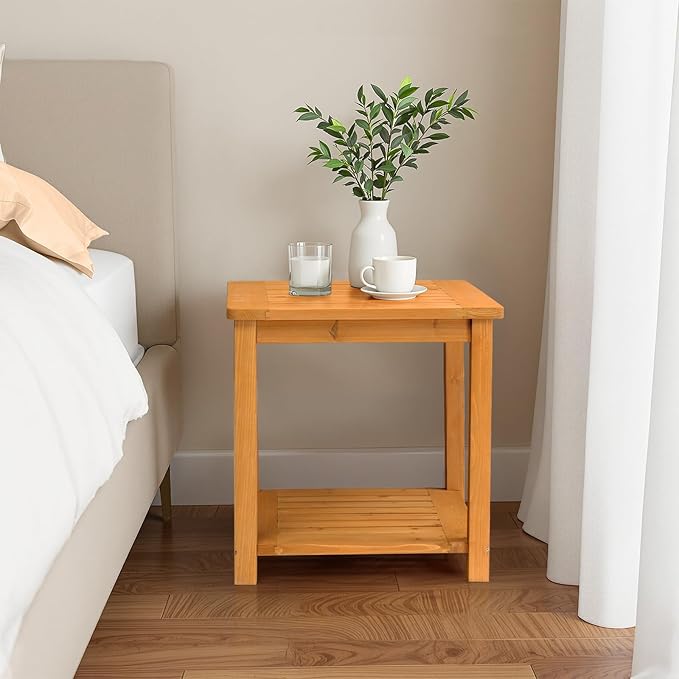 Outvita Patio Small Side Table, Acacia Wood 18 inch Double-Deck Coffee Table with Storage Tier for Living Room, Garden, Balcony, Porch, Deck (Teak Color)