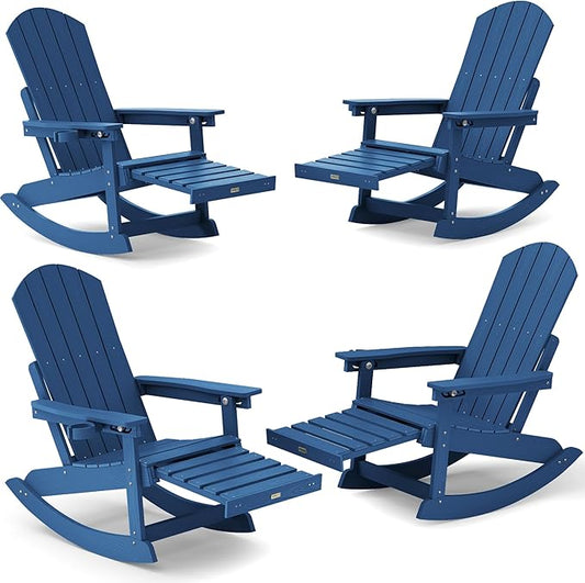 YEFU Rocking Chairs Outdoor Set of 4, Adirondack Chairs with Retractable Ottoman, Adjustable Adirondack Rocking Chair,Rockings Chair Outside,Weather Resistant,for Patio,Porch,Lawn,Heavy Duty,Navy
