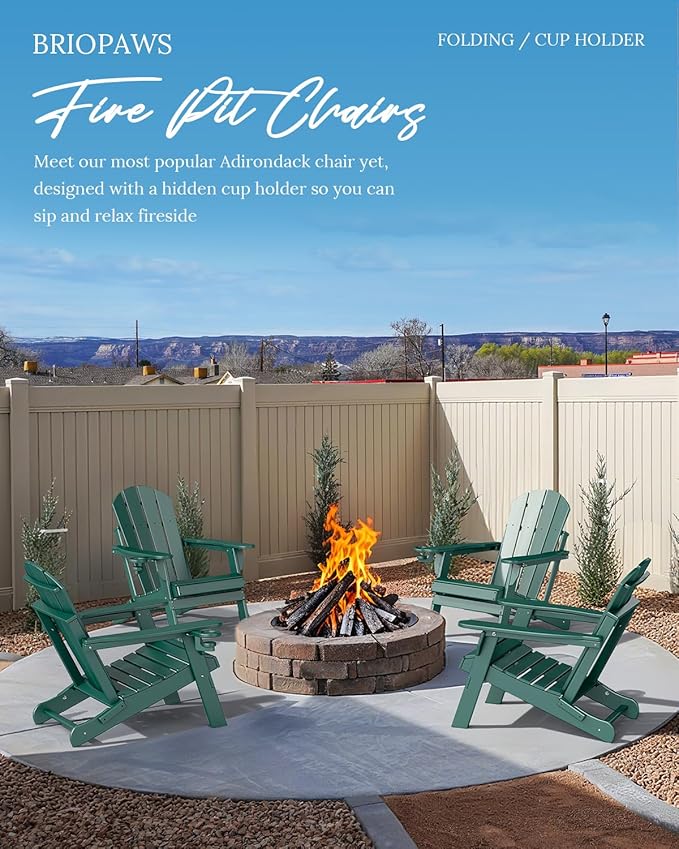 BRIOPAWS Folding-Adirondack-Chairs Set of 2 | HDPE | Fire Pit Chair | Cup Holder | Weather Resistance | Forest | for Outdoor Backyard Deck Patio