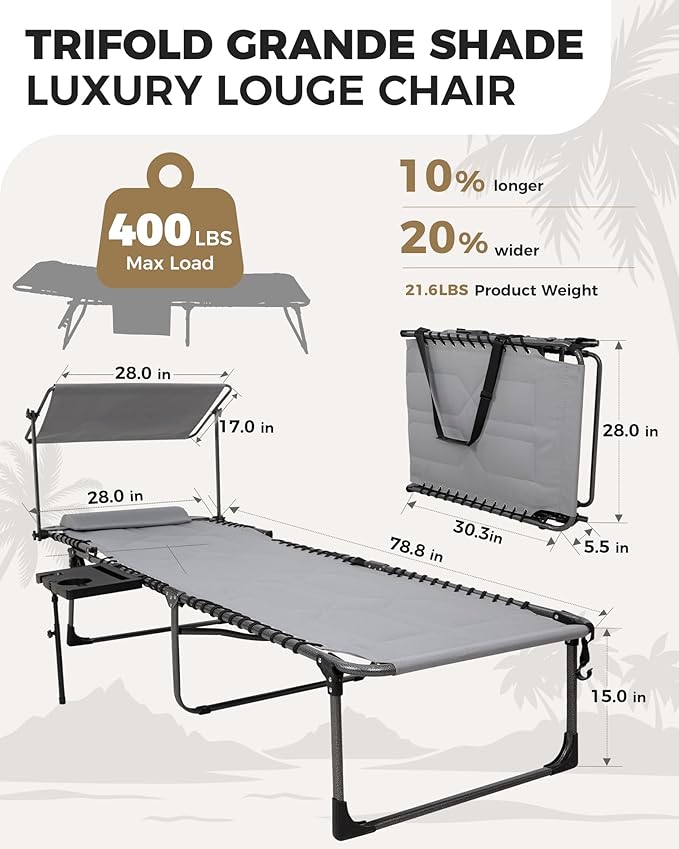 KingCamp Oversized Padded Chase Lounge Chairs, Extra-Wide Folding Tanning Chair Adjustable 5-Position 400lbs Heavy Duty Lounger with Double-Layer Oxford Canopy Shade for Outdoor Beach Patio Sun Pool