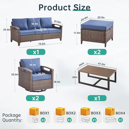 Luxury 8 Piece Heavy Duty Patio Furniture Set with Swivel Chairs - All Weather Wicker Comfort Thick Cushion Outdoor Conversation Set for Porch Poolside Deck - Blue