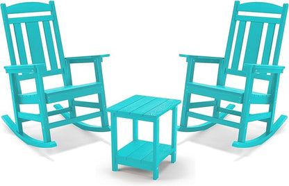 LUE BONA Outdoor Rocking Chairs Set of 4, HDPS Porch Rocker with High Back, Plastic Weather Resistant Rocking Chairs for Outdoor Indoor, Garden, Backyard, 350lb, Aruba Blue