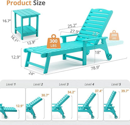 LUE BONA Outdoor Lounge Chair Set with Table, 3-Piece, HDPS Chaise Lounge Outdoor with Wheels, 5 Positions Adjustable Pool Lounger Chairs for Outside, Patio, Aruba Blue