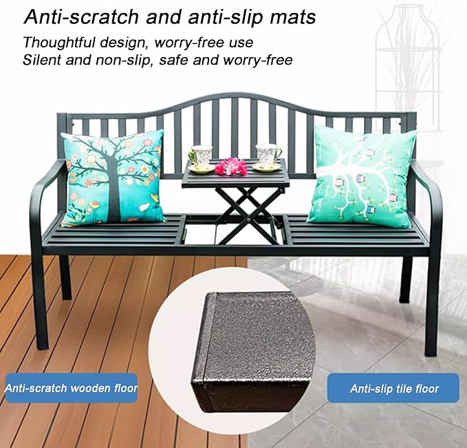 Weatherproof Outdoor Bench, Patio Metal Garden Bench with Built in Table for Yard Lawn Decor Deck(Black)