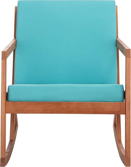 Safavieh Outdoor Collection Vernon Wood Blue Cushion Rocking Chair PAT7013Q, Natural/Aqua