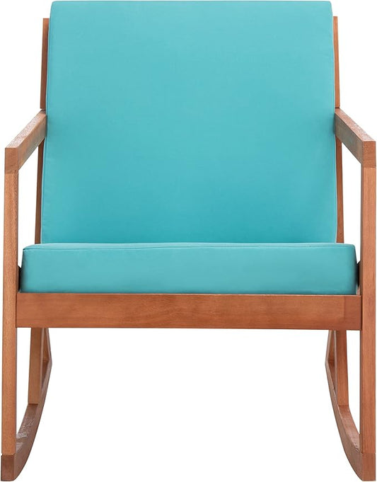 Safavieh Outdoor Collection Vernon Wood Blue Cushion Rocking Chair PAT7013Q, Natural/Aqua