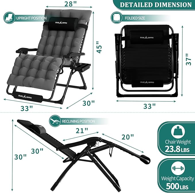 UDPATIO Oversized Zero Gravity Chair Set of 2, 33In XXL Patio Reclining Chair with Cushion, Outdoor Folding Recliner - Photo 3