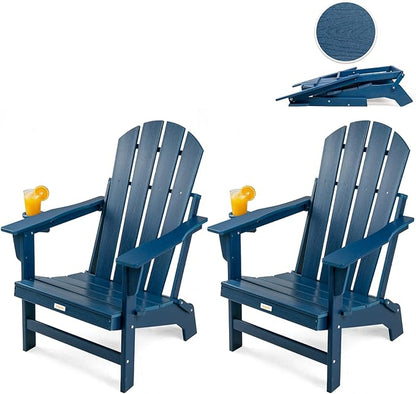 Folding Adirondack Chairs Set of 2, All Weather Stable Gun-Leg Design Fire Pit Chairs with Cupholder for Outside