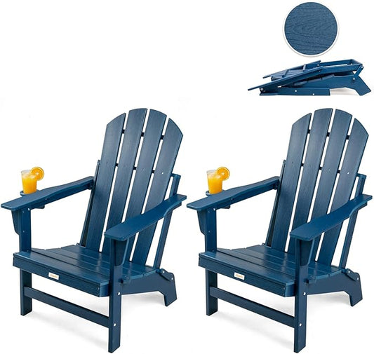 Folding Adirondack Chairs Set of 2, All Weather Stable Gun-Leg Design Fire Pit Chairs with Cupholder for Outside