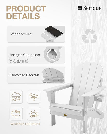 Folding Adirondack Chair, Patio Chair Wood Texture, Outdoor Chair Weather Resistant, Fire Pit Chair with Cup Holder, Composite Adirondack Chair Set of 4(White)