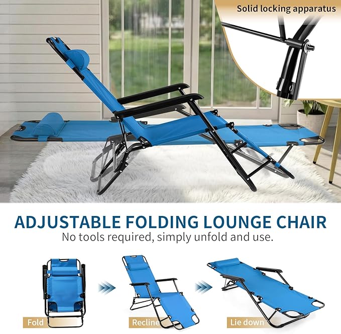 Outvita Folding Chaise Lounge Chair, Outdoor Adjustable Recliner Chair with Pillow for Camping, Beach, Poolside, Garden, Backyard, Lawn
