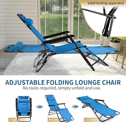Outvita Folding Chaise Lounge Chair, Outdoor Adjustable Recliner Chair with Pillow for Camping, Beach, Poolside, Garden, Backyard, Lawn