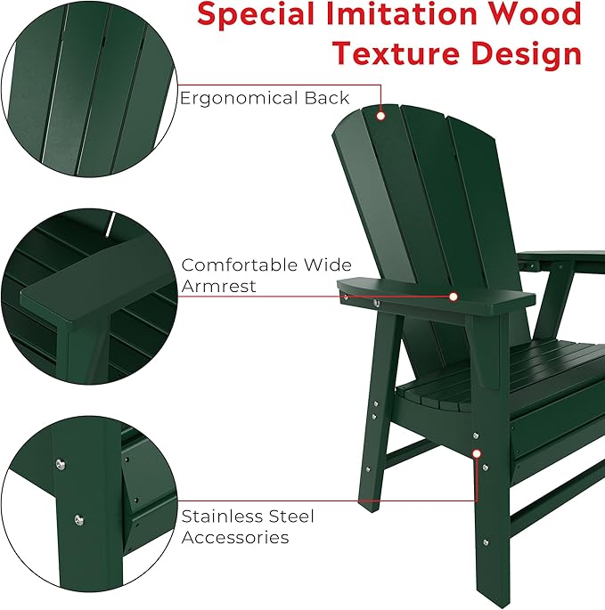 Costaelm Outdoor Fire Pit Chair, Patio hdpe Balcony Pool Adirondack Chair, Modern Front Porch Backyard Chair, Garden Resin Lounge Chair for Outside, Dark Green