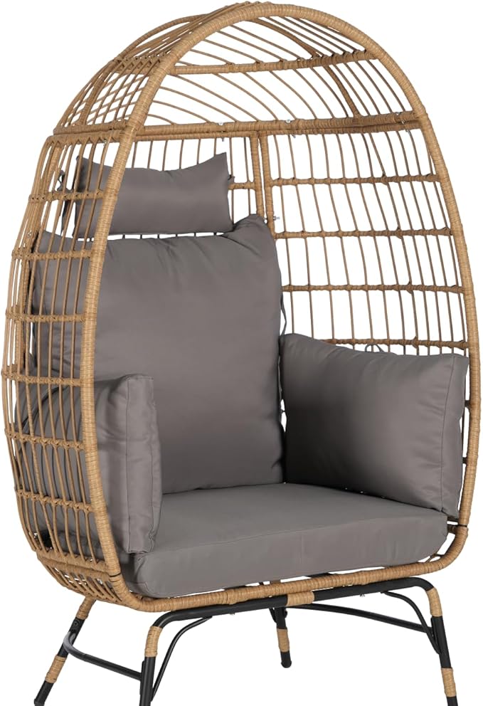 Oversized Wicker Egg Chair with Ottoman, Rattan Patio Egg Chair with Stand and Thick Cushions, Indoor Outdoor Lounge Chair for Backyard, Balcony, Living Room, Dark Gray＋Ottoman