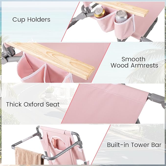 Goplus 3-in-1 Foldable Beach Chair, Lay-Flat Tanning Chair with Face and Arm Holes, Footrest, 330 lbs Heavy-Duty Portable Reclining Lounge Chairs for Outside, Camping, Patio, Poolside, Lawn (2,Pink)