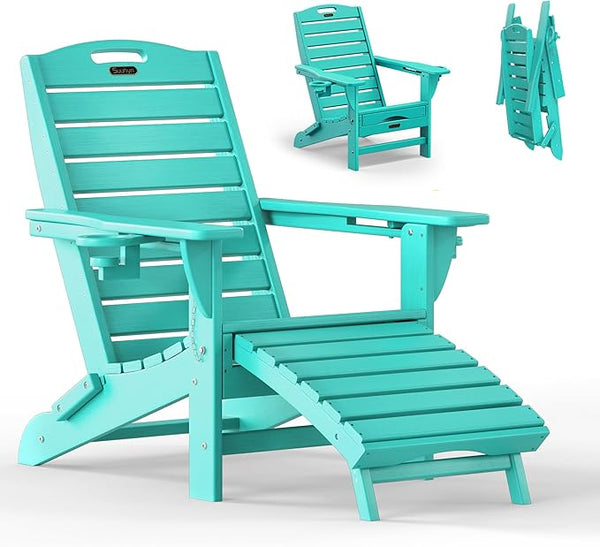 Folding Adirondack Chair with Retractable Ottoman Weather Resistant Fire Pit Chair Patio Chair with 2 Cup Holder Lawn - Photo 1