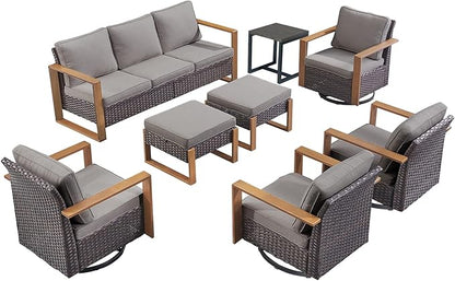 Rilyson Outdoor Wicker Patio Furniture Set - 8 Piece Patio Conversation Set with 4 Wicker Swivel Rocker Chairs,2 Rattan Ottoman 1 Side Table and 1 Couch,Thick Cushions,Deep Seating(Brown/Grey)