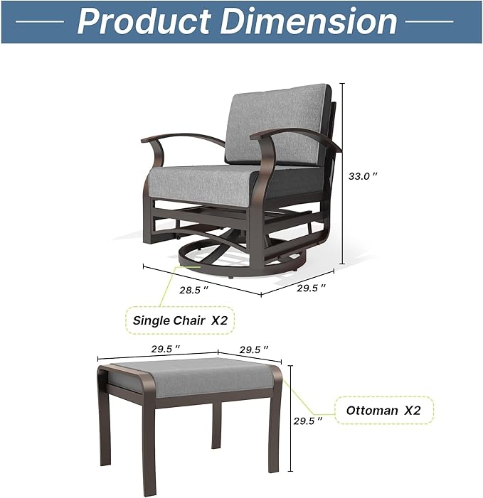 Gotland 4 Piece Patio Set, Metal Outdoor Swivel Chairs Set of 2 with 2 Ottoman 5.1’’ High-Resilience Seat Cushions Removable Cushions, Aluminum Patio Furniture Set for Lawn, Porch, Balcony, Grey