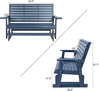 HIPS Patio Glider with Cup Holders, Durable Poly Lumber Material, All-Weather Resistant, High Backrest and Deep Contoured Seat, Ladder Back, Heavy Duty 900 LB, for Outdoor, Patio (Navy Blue, 3-Seat)