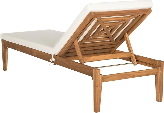 SAFAVIEH Outdoor Collection Arcata Natural Solid Wood/Beige Cushion Adjustable Chaise Lounge Chair (PAT6730A)