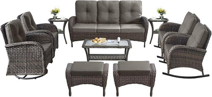 10-Piece Patio Furniture Set-Patio Rocking Chairs Set of 4 Outdoor Rattan Sofa Sets with Coffee Table Outdoor Patio Furniture Sets for Deck Porch Garden Balcony Poolside-Brown/Grey