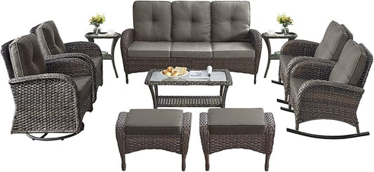 10-Piece Patio Furniture Set-Patio Rocking Chairs Set of 4 Outdoor Rattan Sofa Sets with Coffee Table Outdoor Patio Furniture Sets for Deck Porch Garden Balcony Poolside-Brown/Grey