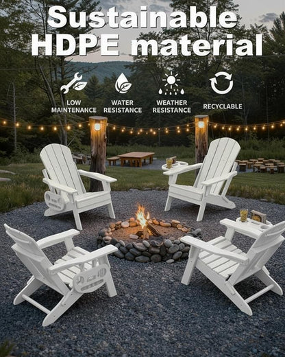Adjustable Adirondack Chair Set of 4 with Cup Holder, All Weather HDPE Fire Pit Chairs for Deck, Backyard, Patio, White