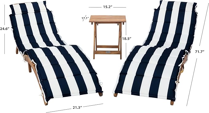 SAFAVIEH Outdoor Collection Pacifica Natural Brown Solid Wood/Navy & White Stripe Cushion 3-Piece Chaise Lounge Set with Table (PAT7020F)