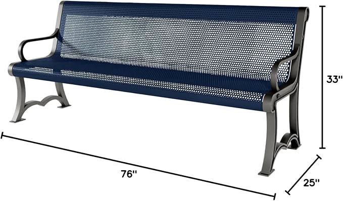COATEDOUTDOORFURNITURE Heavy-Duty Outdoor Bench Thermoplastic Coated, Punched Steel, Commercial-Grade Garden Bench, Made in America (Portable with Back, 6 Ft, Textured Dark Blue)