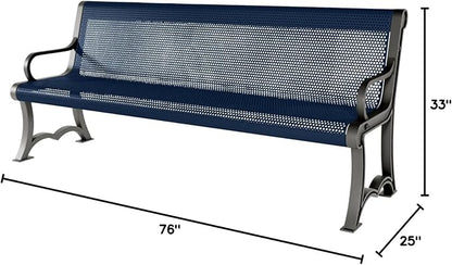 COATEDOUTDOORFURNITURE Heavy-Duty Outdoor Bench Thermoplastic Coated, Punched Steel, Commercial-Grade Garden Bench, Made in America (Portable with Back, 6 Ft, Textured Dark Blue)