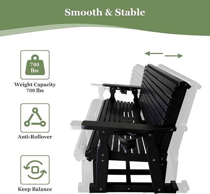 HDPE Patio Glider, Poly Lumber Weather-Resistant Outdoor Glider Bench, for Patio, Porch, Yard (Carbon Black, 2-Seater)