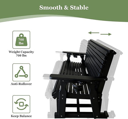 HDPE Patio Glider, Poly Lumber Weather-Resistant Outdoor Glider Bench, for Patio, Porch, Yard (Carbon Black, 2-Seater)
