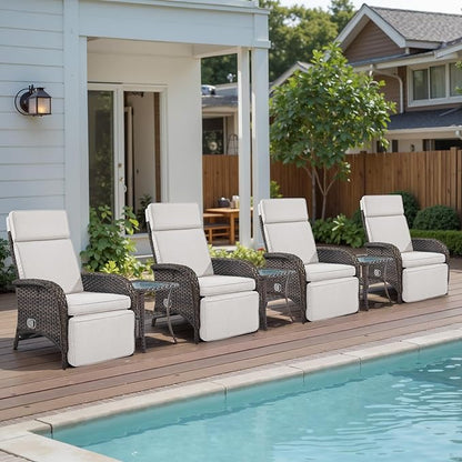 Belord 7 Piece Wicker Patio Furniture Set - 4 Adjustable Outdoor Recliner Chairs with 3 Side Table Patio Conversation Set,155° Lay Flat Chaise Lounge Chair Outdoor for Pool Deck Brown