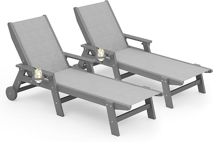 SERWALL Textilene Patio Chaise Lounge Chair Set of 2, 5 Positions Outdoor Lounger with Rolling Wheels for Pool, Deck - Photo 1