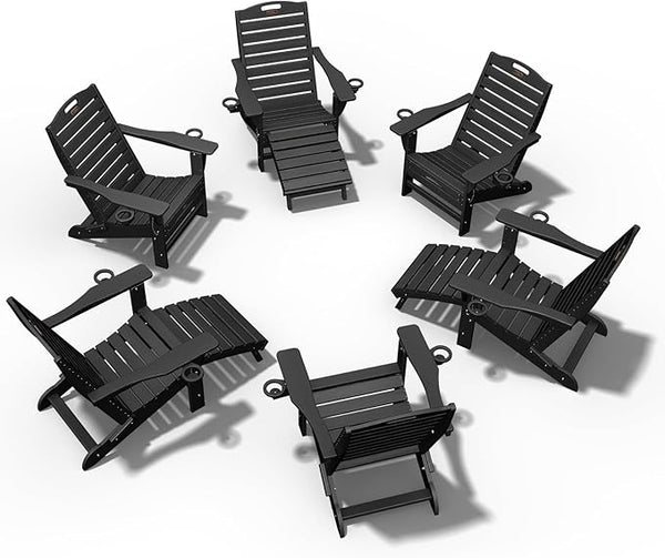 Ciokea Folding Adirondack Chair Set of 6 with Retractable Ottoman Fire Pit Patio Chair with Pull Out Foot Rest Weather - Photo 1