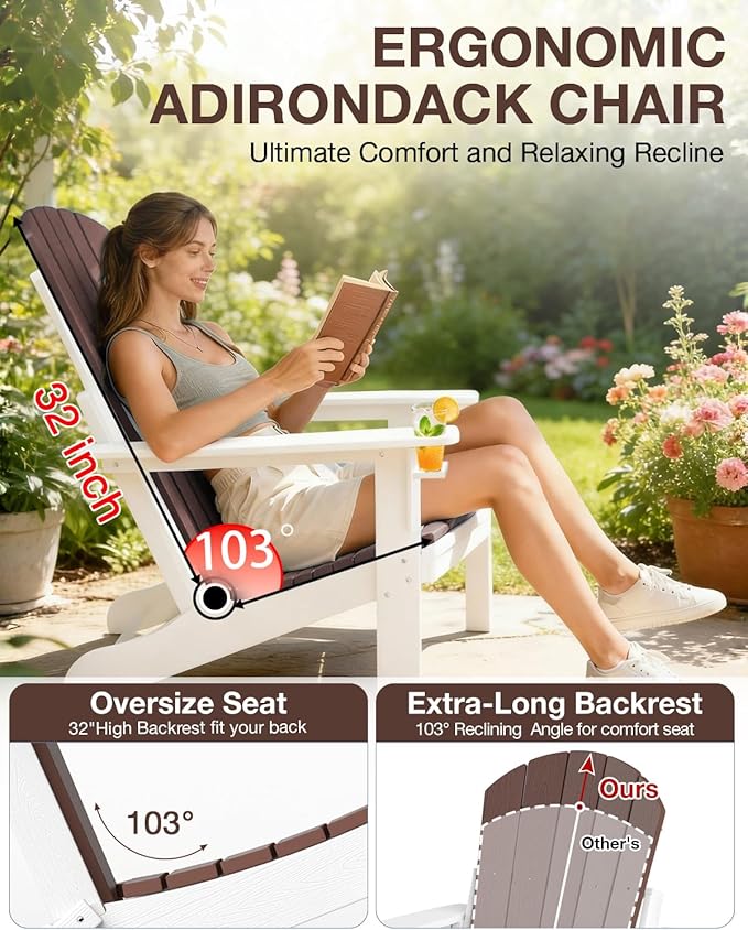 Folding Adirondack Chair –Recyclable HDPE Outdoor Adirondack Patio Chair with Cup Holder, Wood Texture & Umbrella Hole - Photo 5