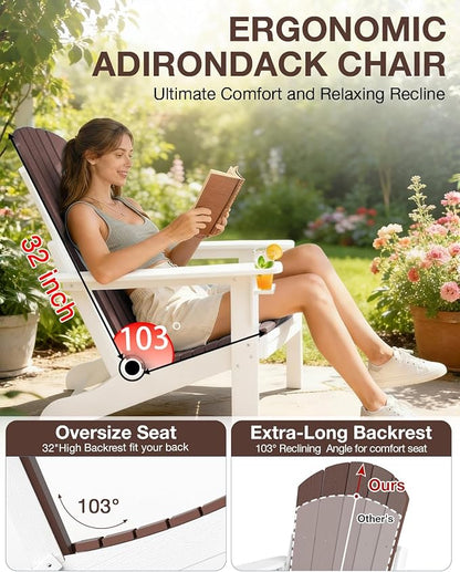 Folding Adirondack Chair –Recyclable HDPE Outdoor Adirondack Patio Chair with Cup Holder, Wood Texture & Umbrella Hole, 25-Year Fade-Free All Weather for Fire Pit, Porch, Poolside, Deck, Brown & White