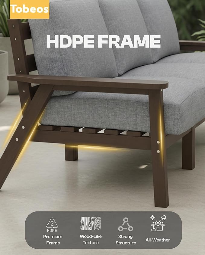 HDPE Patio Furniture Set with Cantilever Umbrella, Outdoor Couch with Washable Thick Gray Cushions & Tables, Outdoor Sectional Furniture for Deck, Lawn, Porch (Brown Frame)