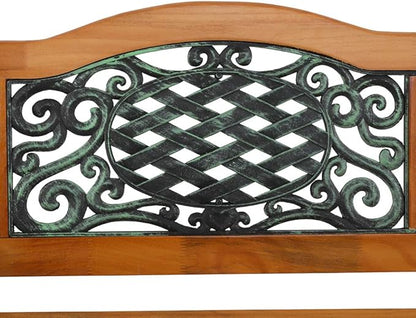 49-Inch Outdoor Garden Bench Natural Hardwood Patio Park Bench Rustic Elegant Porch Deck Loveseat with Bronze Cast Iron Frame and Antique Carved Pattern