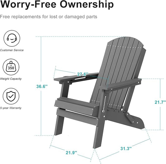 HDPE Foldable Adirondack Outdoor Chair with Cup Holder, Weather Resistant Heavy-Duty Patio Chair for Patio, Backyard, Deck, Fire Pit, Lawn and Porch, Grey