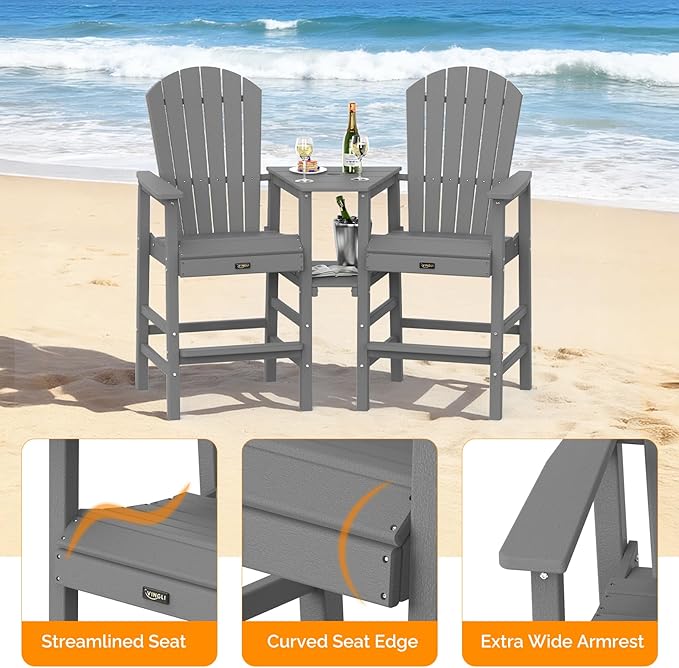 VINGLI Tall Adirondack Chairs Set of 2 with Dual Trays, All-Weather HDPE Outdoor BarStools Poly Deck Chairs for Patio, Poolside and Balcony (Grey)