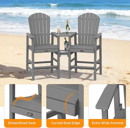 VINGLI Tall Adirondack Chairs Set of 2 with Dual Trays, All-Weather HDPE Outdoor BarStools Poly Deck Chairs for Patio, Poolside and Balcony (Grey)