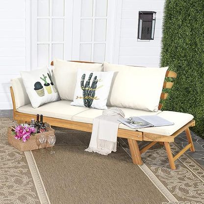 Tangkula Convertible Acacia Wood Patio Couch Sofa Bed with Adjustable Armrest, Outdoor Daybed with Cushion & Pillows, Outside Folding Futon Sofa Couch Bench for Porch, Courtyard, Poolside & Garden
