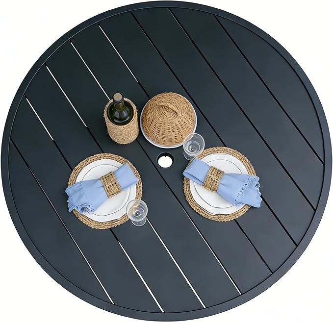 60" Round Outdoor Patio Table for 8, Metal Black Dining Table with Adjustable Umbrella Hole, Garden, Backyard & Deck Bistro Table